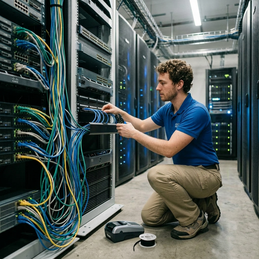 Technician kneeling organizing blue ethernet cables in server rack